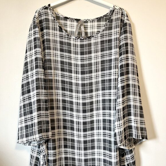 Sheer B&W Classic Plaid High Low Blouse - Picture 3 of 12